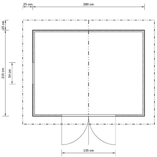 Rozměr zahradního domku je 280 x 215 cm.