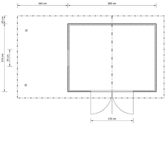 Rozměr zahradního domku je 280 x 215 cm s přesahem 128 cm.