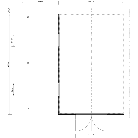Rozměr zahradního domku je 280 x 430 cm s přesahem 128 cm.